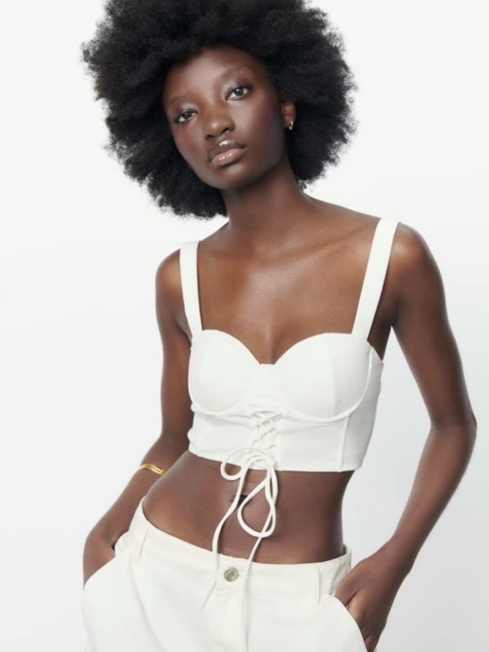 Zara White Lace-Up Bustier Crop Top